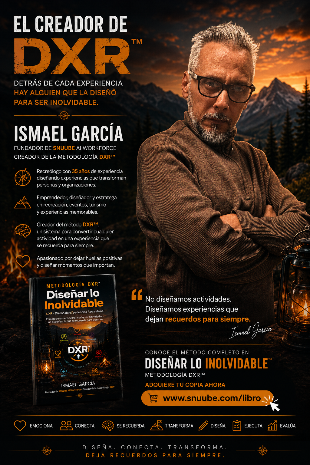 Ismael García, creador de la metodología DXR, frente a un paisaje de montaña al atardecer, junto al libro Diseñar lo Inolvidable